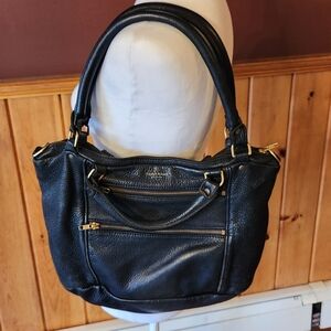 Black Leather Shoulder Bag with Gold Hardware